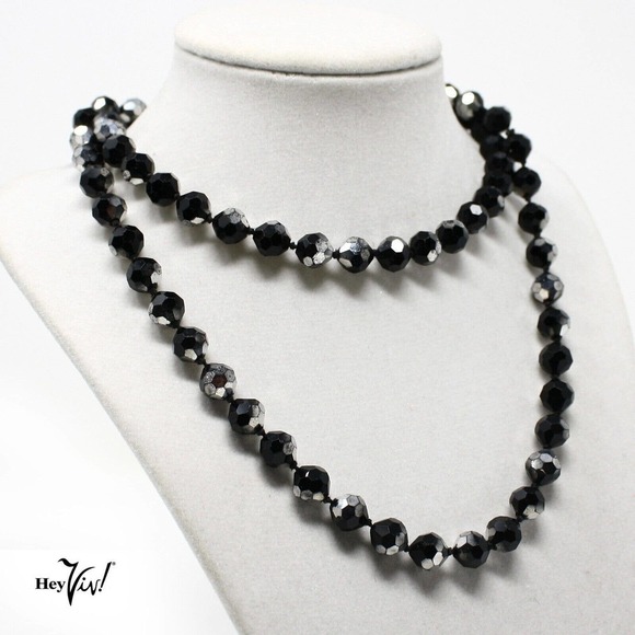 Vintage Single Strand Black Iridescent Faceted Glass Beads 32" Long - Hey Viv - Picture 3 of 4